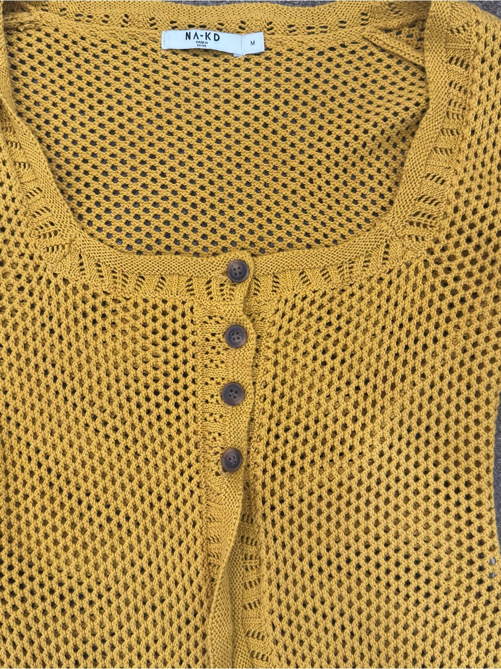 naked wardrobe Mustard Yellow Open-Weave Button Front Cardigan size medium - Picture 2 of 6